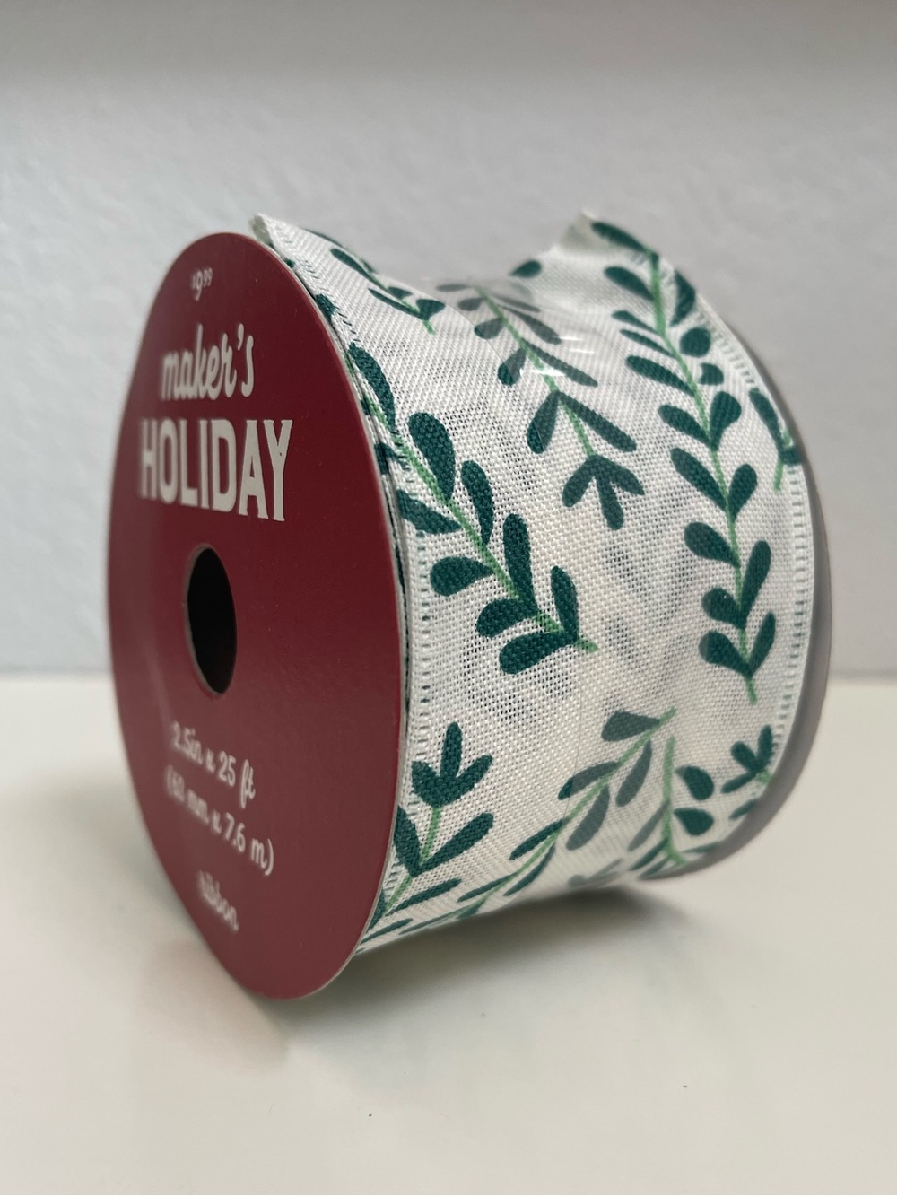 Ribbon Green Foliage White 2.5in Wide 25ft Wire Edge Christmas Wreath Winter DIY
